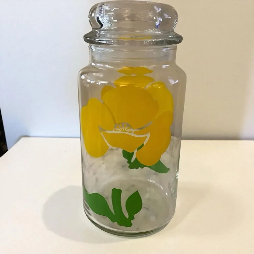 Anchor Hocking Apothecary Coffee Jar Yellow Buttercup Glass Bubble Lid Vintage